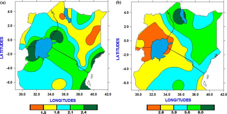 SPATIAL COHERENCE AND POTENTIAL PREDICTABILITY 2697 Figure 4. Spatial patterns of the mean length of (a) wet and (b) dry spells in days for the long rainfall season (1962 2000). Figure 5.