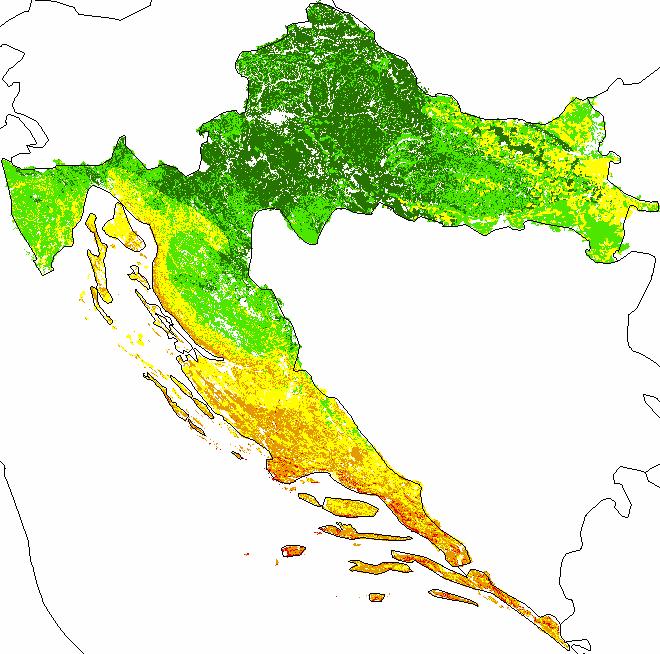 Drought vulnerability map in Croatia Combination of slope map, solar irradiation, precipitation Cv, soil types and land cover classes