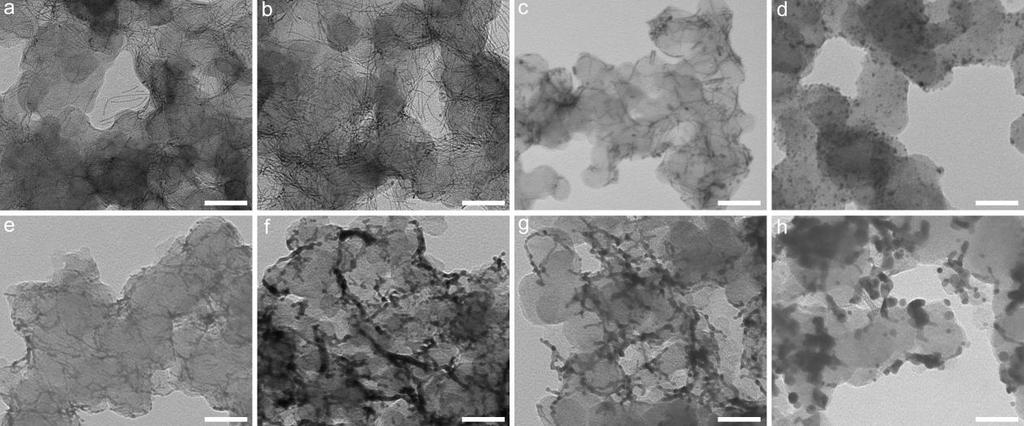 Supplementary Figure S10. a-d The TEM images of PtNiRh NWs/C (a), PtNi NWs/C (b), Pt NWs/C (c) and commercial Pt/C (d) catalysts before ADT.