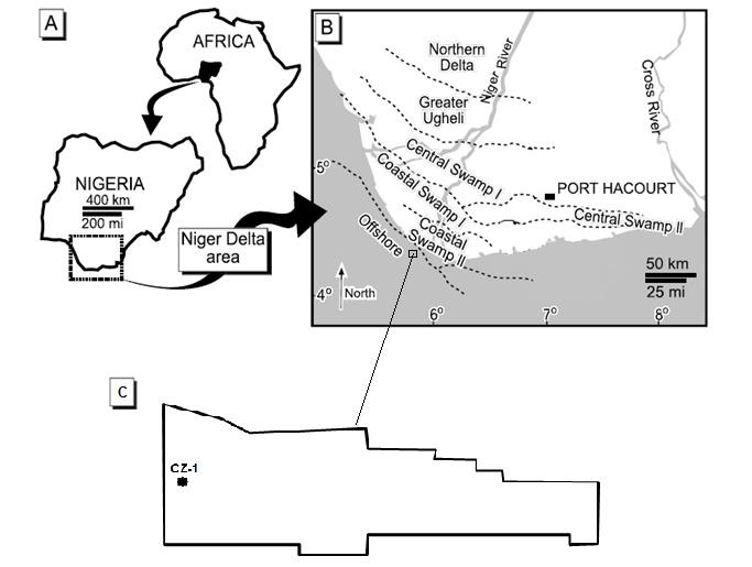 Figure 1: (A) Location of Niger Delta along the West Coast of Africa, (B) structurally defined sub-basins in the Niger Delta clastic wedge (map modified from Magbagbeola and Willis, 2007).