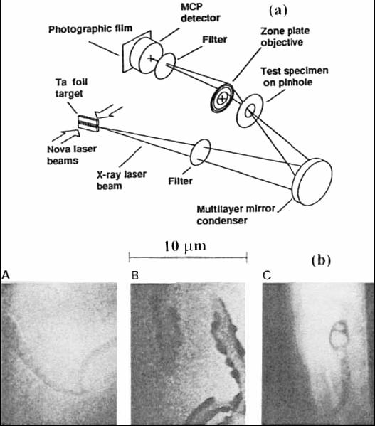 Example: 1992: First (and only) Microscopy Experiment using 4.4 nm wavelength laser Figure 67. (a) Schematic diagram of the x-ray microscope showing its main components.