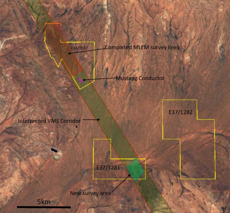Figure 2 Satellite image showing location of competed ground MLEM program (red) along strike from the Mustang EM Conductor (pink), within the interpreted VMS corridor (green).