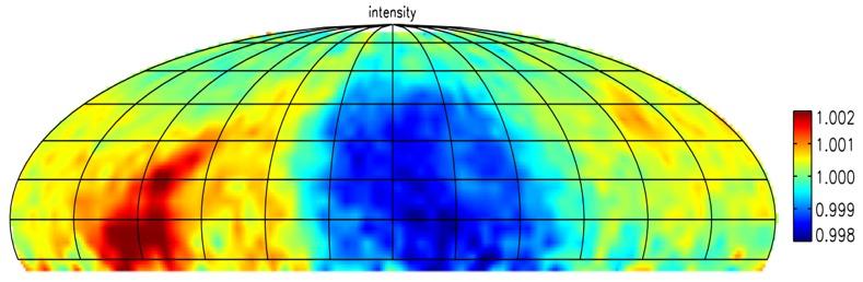 Cosmi-ray anisotropy Desiati, Nusky 2011 equatorial oordinates TeV IeCube-59 relative intensity Abbasi et al.