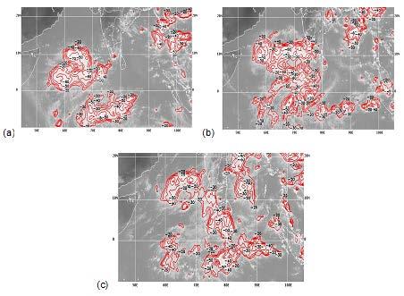 areas. Sequence of imageries of IR shows the rapid northward movement of the clouds from 3 rd to5 th June 2015 i.e., the time of monsoon onset Fig. (a, b, c).