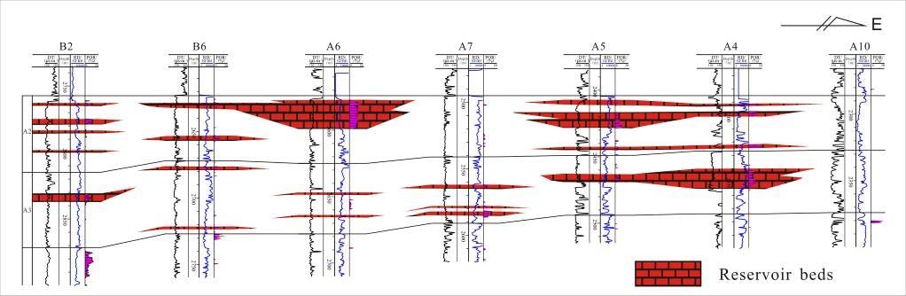 (Figure 6) as per reservoir beds correlation and oil reservoirs features. The first type is lithologic reservoirs pinching out in up-dip direction in B6-A6 well field (Figure 6a).