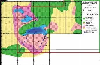 Okalla Prospect Work over the period included a detailed induced polarization geophysical survey, detailed geological mapping, and diamond