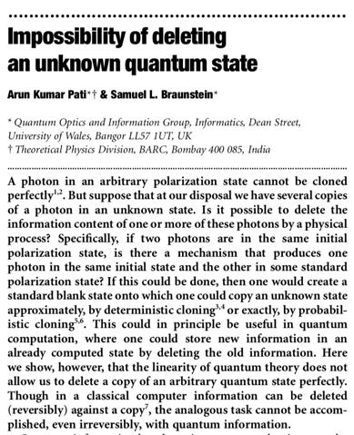 No-Deleting Theorem Arun K. Pati and Samuel L. Braunstein (2000). Impossibility of deleting an unknown quantum state. Nature 404164 165.