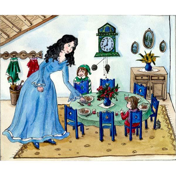They were so happy that they did not wake her up, but let her continue to sleep in the bed. The next morning Snow White woke up, and when she saw the seven dwarves she was frightened.