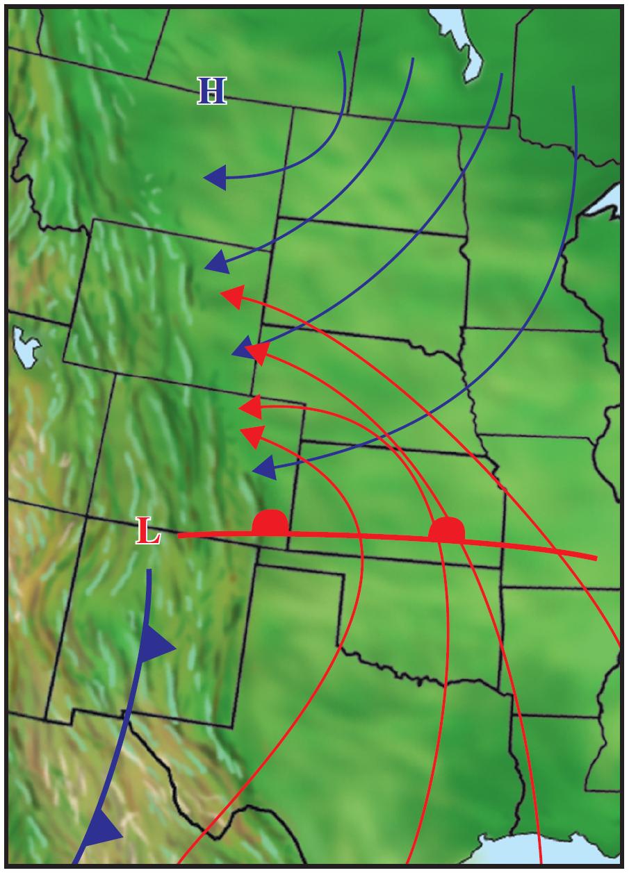 Upslope Snowstorms Two pressure patterns can produce Easterly winds High to the north near Canadian border: cold, less moisture, light snow (< 4 in) Low center to the south near the four corners