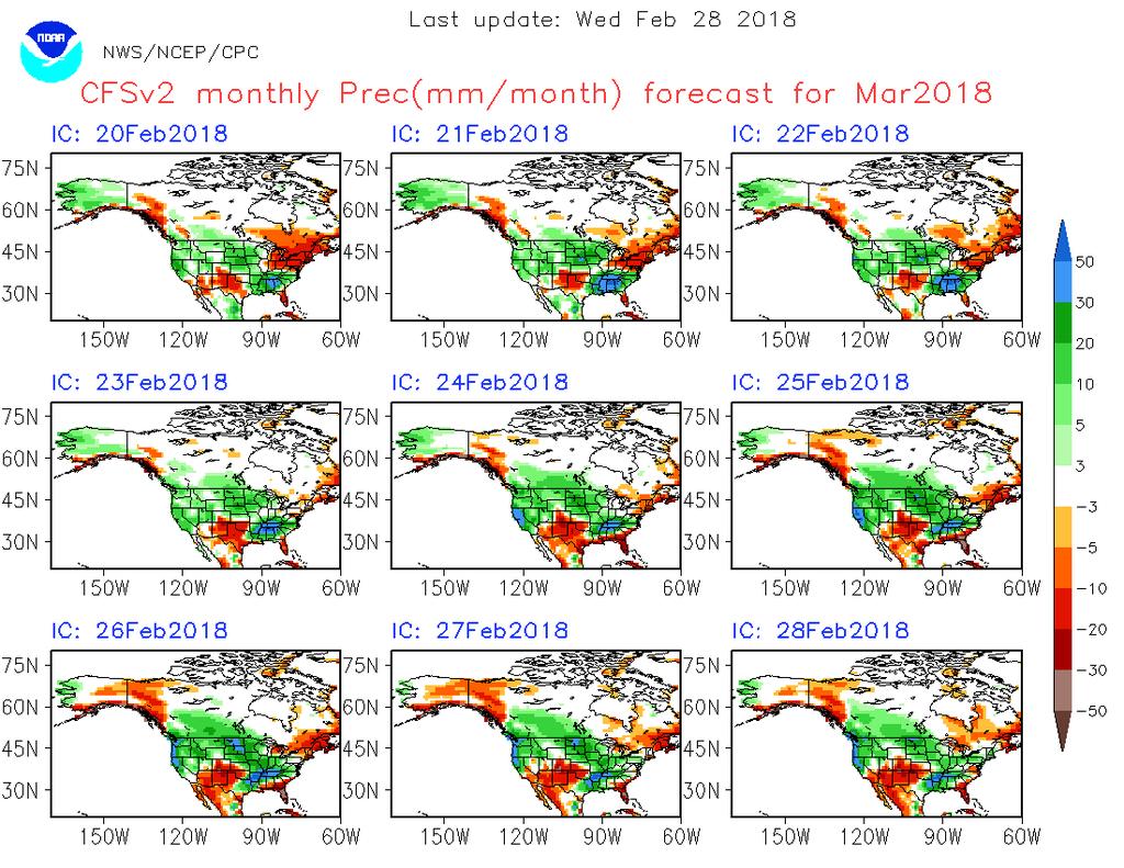 CFS monthly forecasts for March 2018 Wet and