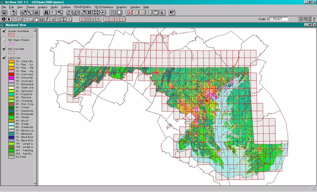 Selection of Data Figure 1 presents the opening screen of GISHydro2000. The red rectangular outlines correspond to individual 7.5 minute USGS quadrangles.