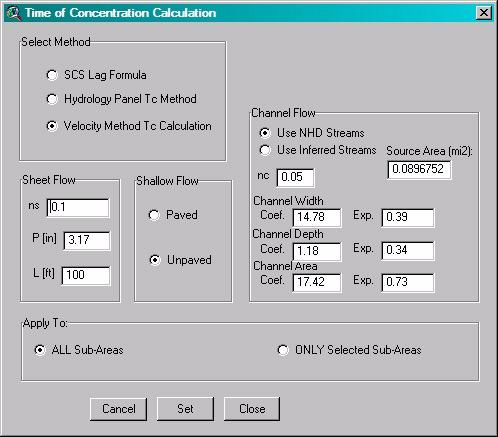 Figure 7. Dialog box to specify the parameters of the time of concentration calculation. based on whether conditions are paved or unpaved.