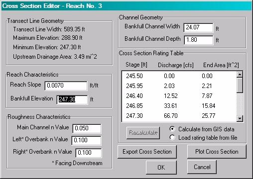 Figure 10. Cross-section editor dialog used for generating a rating table for the routing reach in the example watershed.