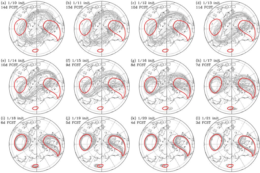 Predicted vortex shape at Day 0 (24 January 2009): Spaghetti diagrams of the vortex edge