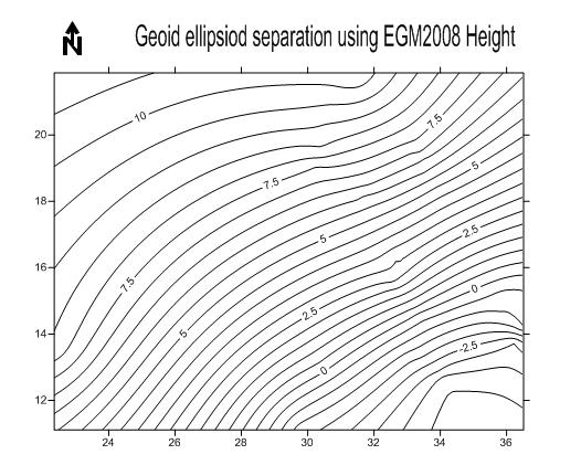 Fig. 4: Sudan contour lines of geoid ellipsoid separation