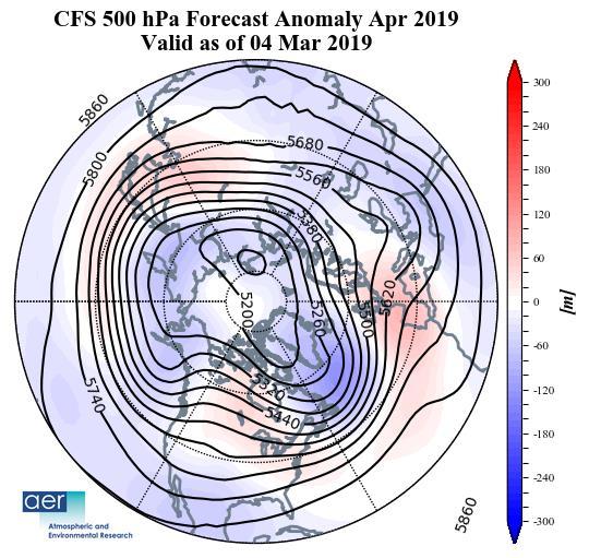 Figure 12. (a) Analyzed 10 mb geopotential heights (dam; contours) and temperature anomalies ( C; shading) across the Northern Hemisphere for 4 March 2019.