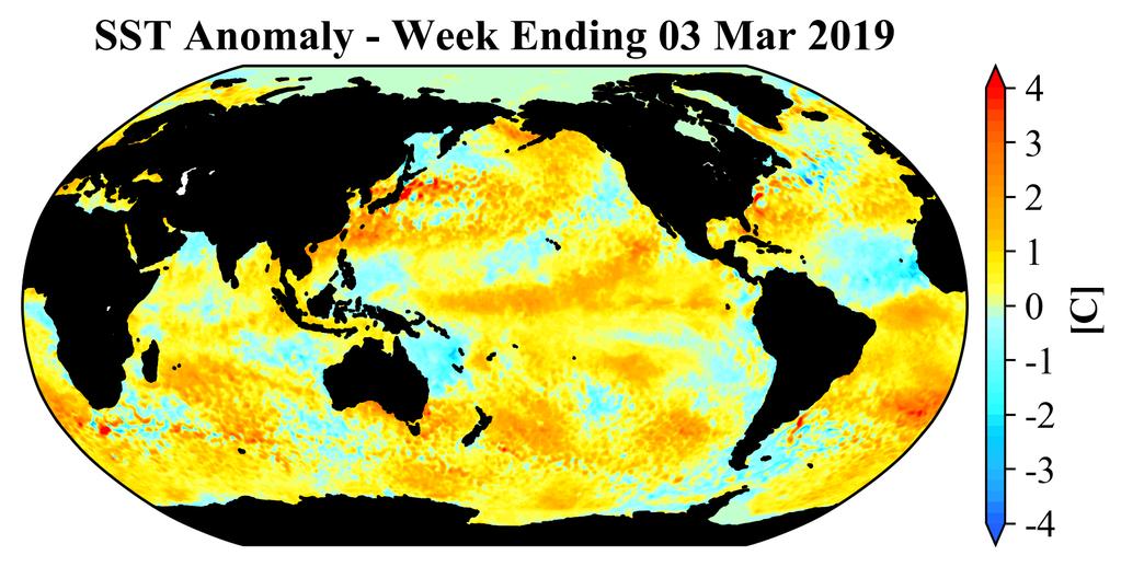 Figure 16. The latest weekly-mean global SST anomalies (ending 3 March 2019). Data from NOAA OI High-Resolution dataset. (Updated from https://www.ospo.noaa.gov/products/ocean/sst/anomaly/anim_full.