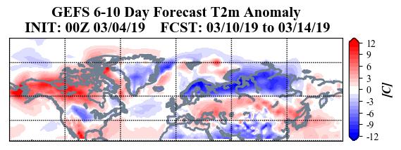 Figure 6. Forecasted surface temperature anomalies ( C; shading) from 10 14 March 2019. The forecasts are from the 00Z 4 March 2019GFS ensemble.
