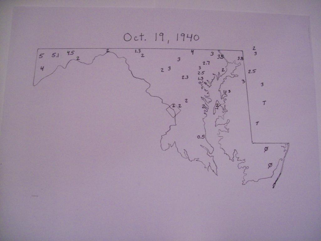 PART VI, THE SNOWSTORM OF OCTOBER 19, 1940. Figure 1 Snowfall in Maryland from the Oct. 19, 1940 Snowstorm. Map done by Herb Close, Jr. Data from NOAA, NCDC.