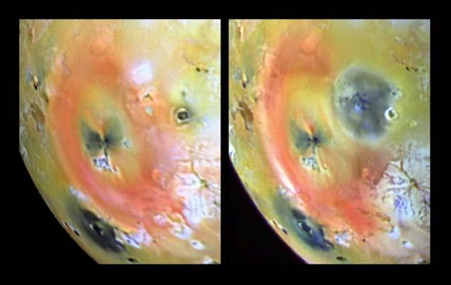 Io s Volcanic Features 7th Orbit 10th Orbit Note new dark spot, 400 kilometers (249 miles) in diameter, (which is