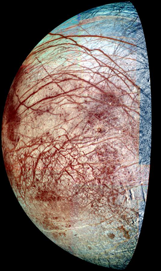 Europa s Surface Red linear features are cracks and ridges caused by Jupiter s tides.