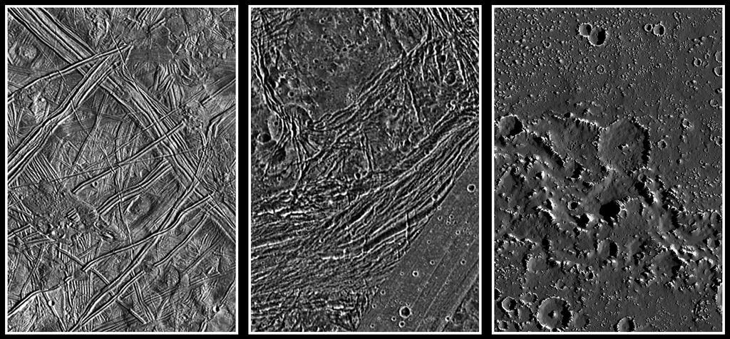 Europa Few craters. Young surface. Active icy tectonics and flows.