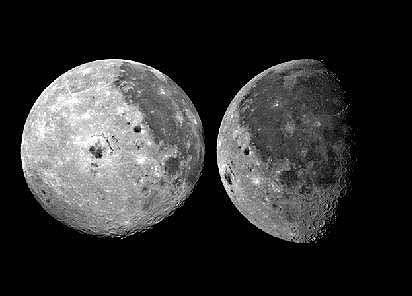 Two distinct terrain types: Surface of the Moon Light, cratered highlands made of anorthosite, a plutonic igneous rock, around four billion years old.