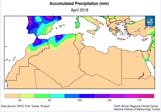 Precipitation in North Africa Monthly precipitation totals in April 2018 were below 20 mm over almost all of the RA I domain.