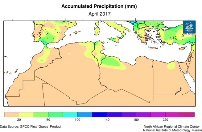 North Africa Monthly precipitation totals in April 2017 were below 20 mm over almost all of the RA I domain.