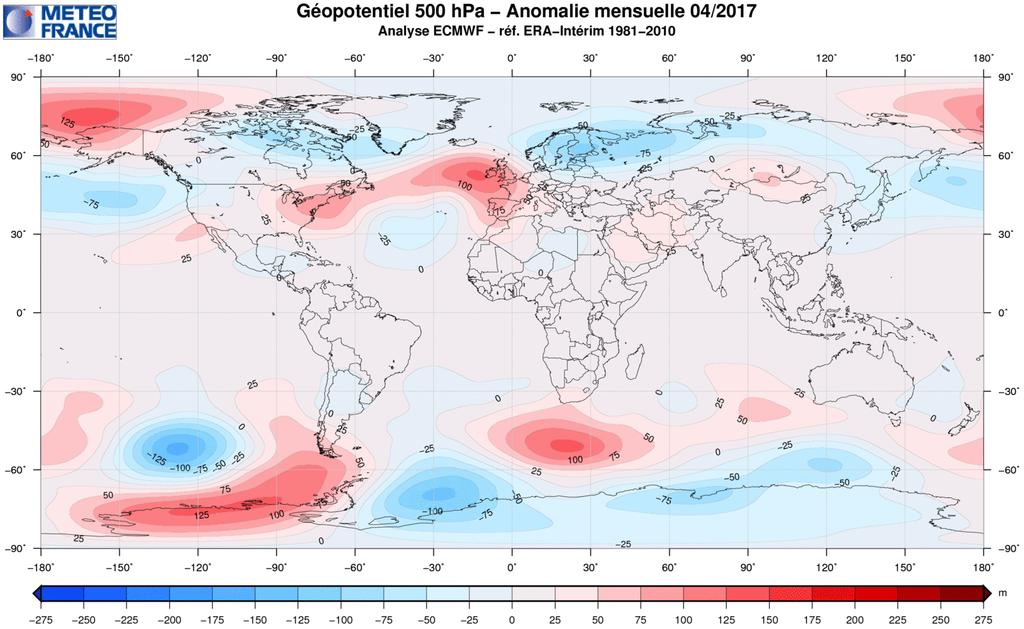 Figure 10: Anomalies of Geopotential height at 500hPa (Meteo-France) MONTH NAO EA WP EP-NP PNA TNH EATL/WRUS SCAND POLEUR APR 17 1.7-0.6-0.4 1.0 0.1 --- 0.7-1.5-1.4 MAR 17 0.4 1.0-2.1-1.0-0.0 --- -1.