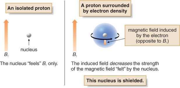H NMR Position of Signals In the vicinity of the nucleus, the magnetic field generated by the circulating electron decreases the external magnetic field that the proton feels.