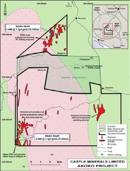 Akoko 102,000 ounce resource discovered by Castle in 2009 Mineralisation