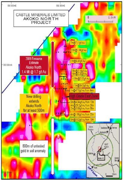 Akoko North Significant extension and new high grade east lode discovered Gold mineralisation for both these zones remains completely open to the south and at depth RC drilling was completed on 200m