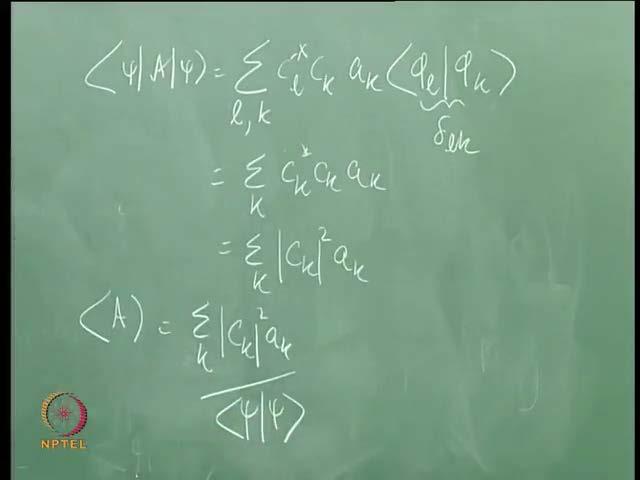 A on ket psi is summation over k C k and from these Eigen value equations it is clear that this is what I have. Now you see I need to find psi A psi that is the numerator.