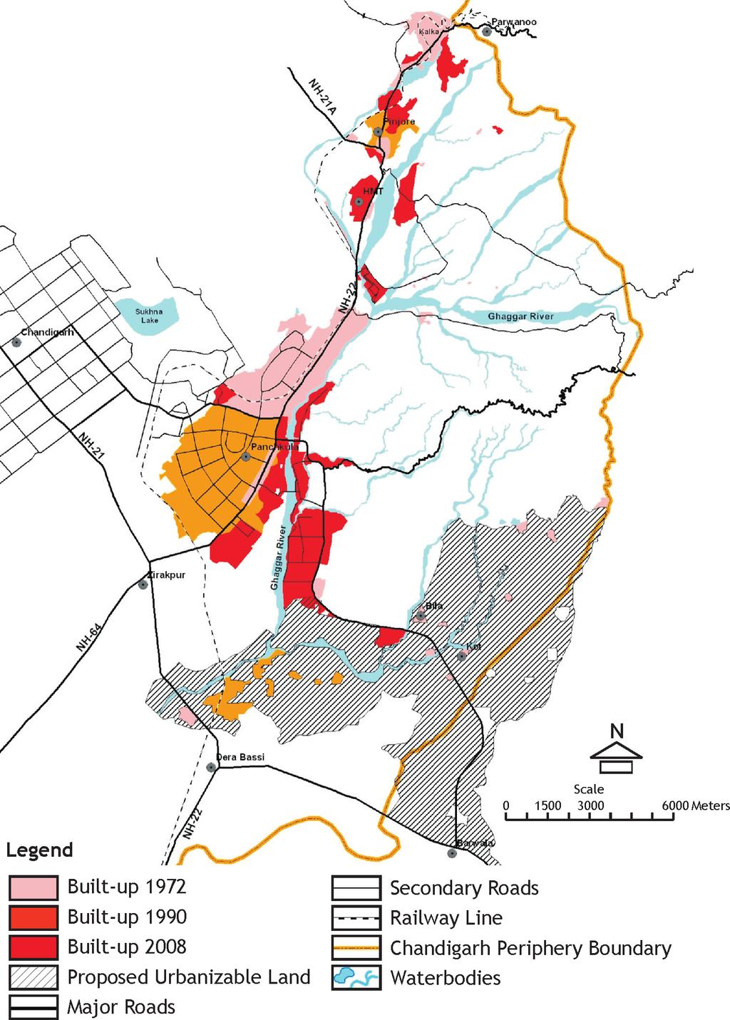 Fig. 6: Haryana Sub-Region, Chandigarh Periphery Growth of Built-up Area (19722008) Source:I-Landsat-MSS Satellite Path 158 Row 39