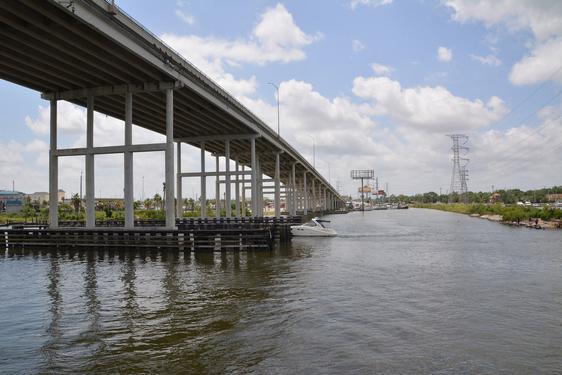 Next stop: The Outrigger Restaurant in Seabrook located literally under the Hwy. 146 bridge that spans the mouth of Clear Creek where it joins Galveston Bay. View of the Hwy.