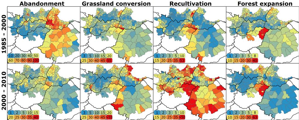 Agricultural change mapping Widespread abandonment (~24%) after 1989/90 About 18% of abandoned cropland recultivated