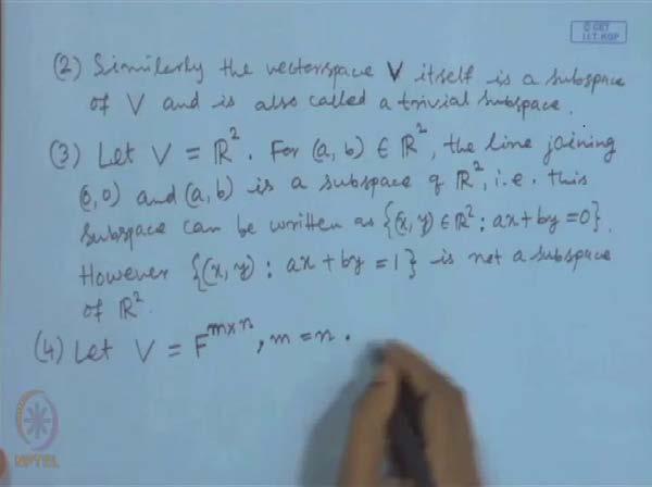 (Refer Slide Time: 27:38) Similarly similarly the vector space V the vector space V itself is a subspace subspace of V and is also called a trivial subspace.
