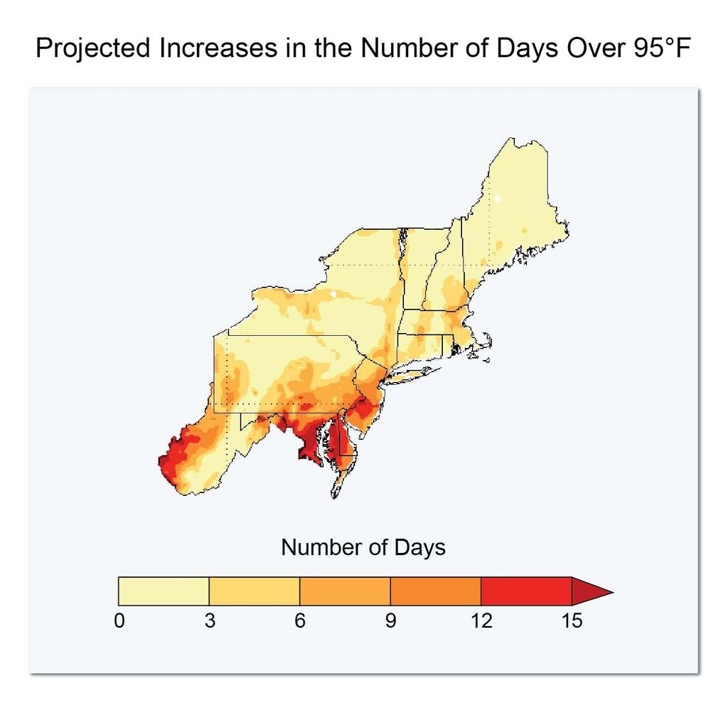 Projected average increases in the number of days with a maximum 12 temperature greater than 95 F between 2041-2070, compared to 1971-2000