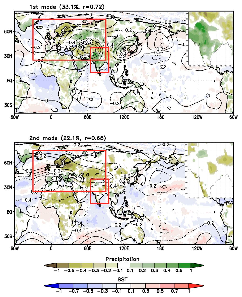 The leading (upper panel) and second (lower panel) modes of CMCA heterogeneous correlation maps, between 200 hpa geopotential heights (contour interval 0.