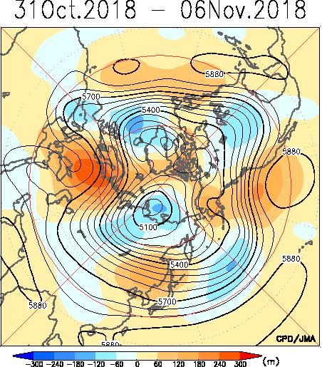 Contours indicate sea level pressure. Shading indicates anomaly. Positive anomalies were seen in a wide area of Eurasia.