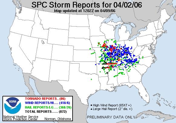 The NWS Storm Prediction Center collects and archives severe weather