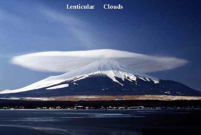 Lenticular clouds, technically known as altocumulus standing lenticularis, are stationary lens-shaped clouds that form at high altitudes, normally aligned at right-angles to the wind direction.