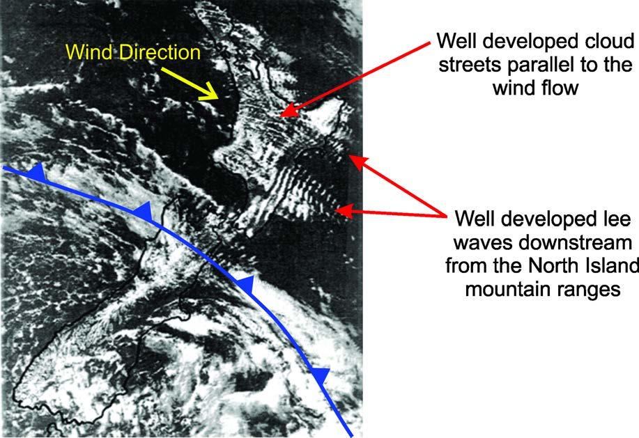 Fig. 84 Well-developed Lee Waves downwind from the North Island Mountain Ranges (and cloud streets over the Central North Island).