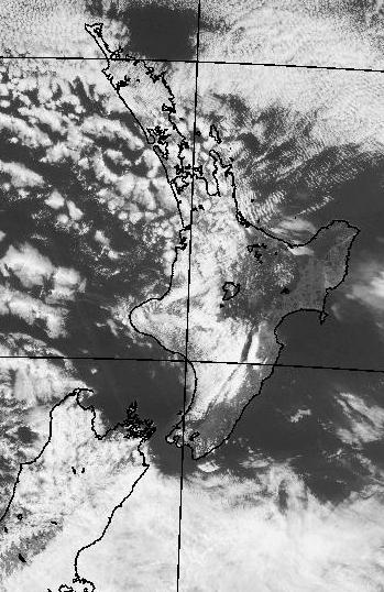 Fig. 97. The VIS NZ satellite image at 10am on 16 th October 2017. The visible image however (fig 97), shows the extent of the cloud along the whole of the proposed route.