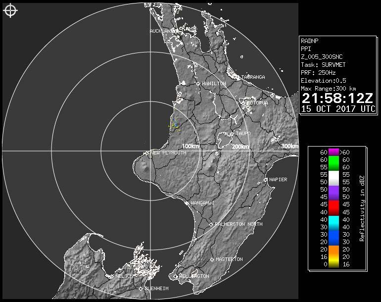 Fig. 98. The Radar Image (300km range) at 10am on 16 th October 2017 from New Plymouth Airport.