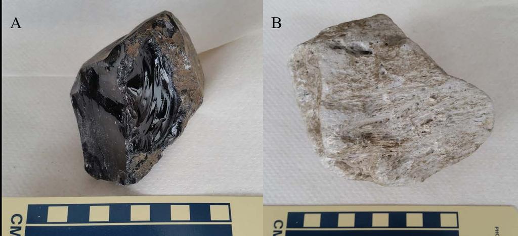 see. (B) An example of a porphyritic-phaneritic felsic rock with large feldspars (outlined phenocryst is 3 cm length).