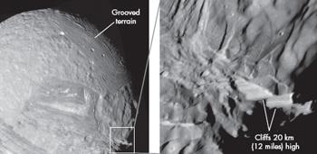 Regardless of the cause, Miranda has some extremely curious and unexplained surface features, such as a set of cliffs, visible in figure 10.29, that are twice the height of Mount Everest. Figure 10.