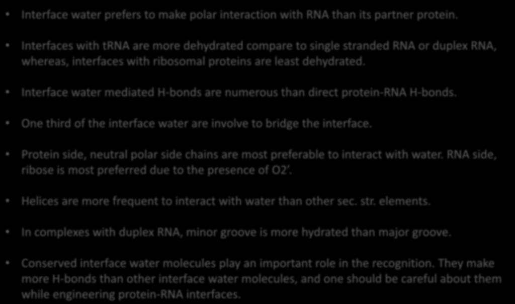 Summery:: role of water in protein-rna recognition Interface water prefers to make polar interaction with RNA than its partner protein.