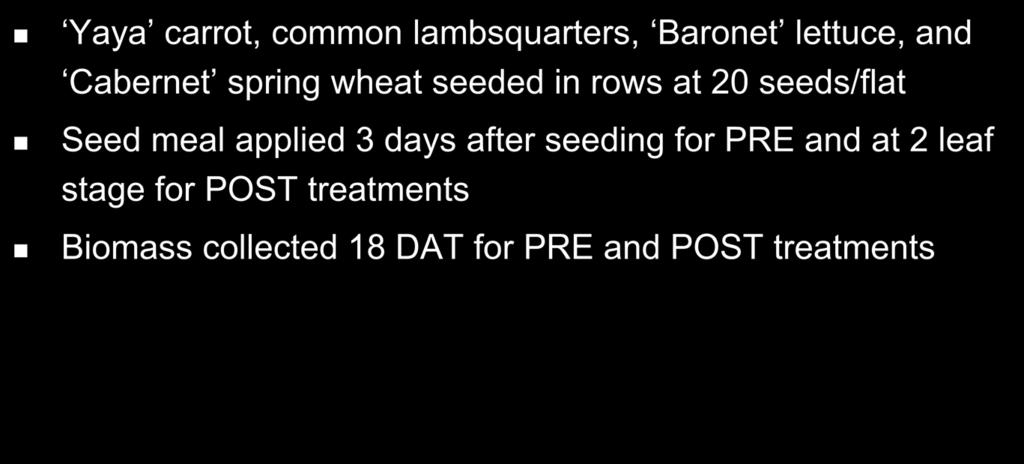 Brassica seed meal Yaya carrot, common lambsquarters, Baronet lettuce, and